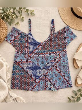 Braeve Boho Patchwork Print Cold Shoulder Blouse Top Blue Red Size S